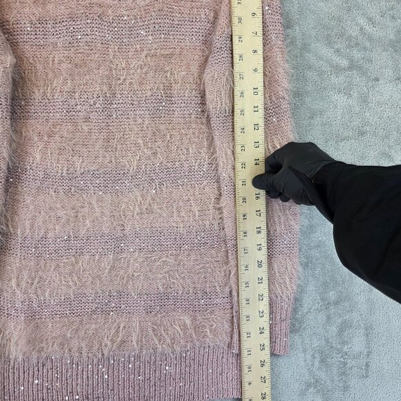 bebe Sweater Womens Small Misty Rose Eyelash Knit Sequined Longline Pullover - Picture 4 of 11